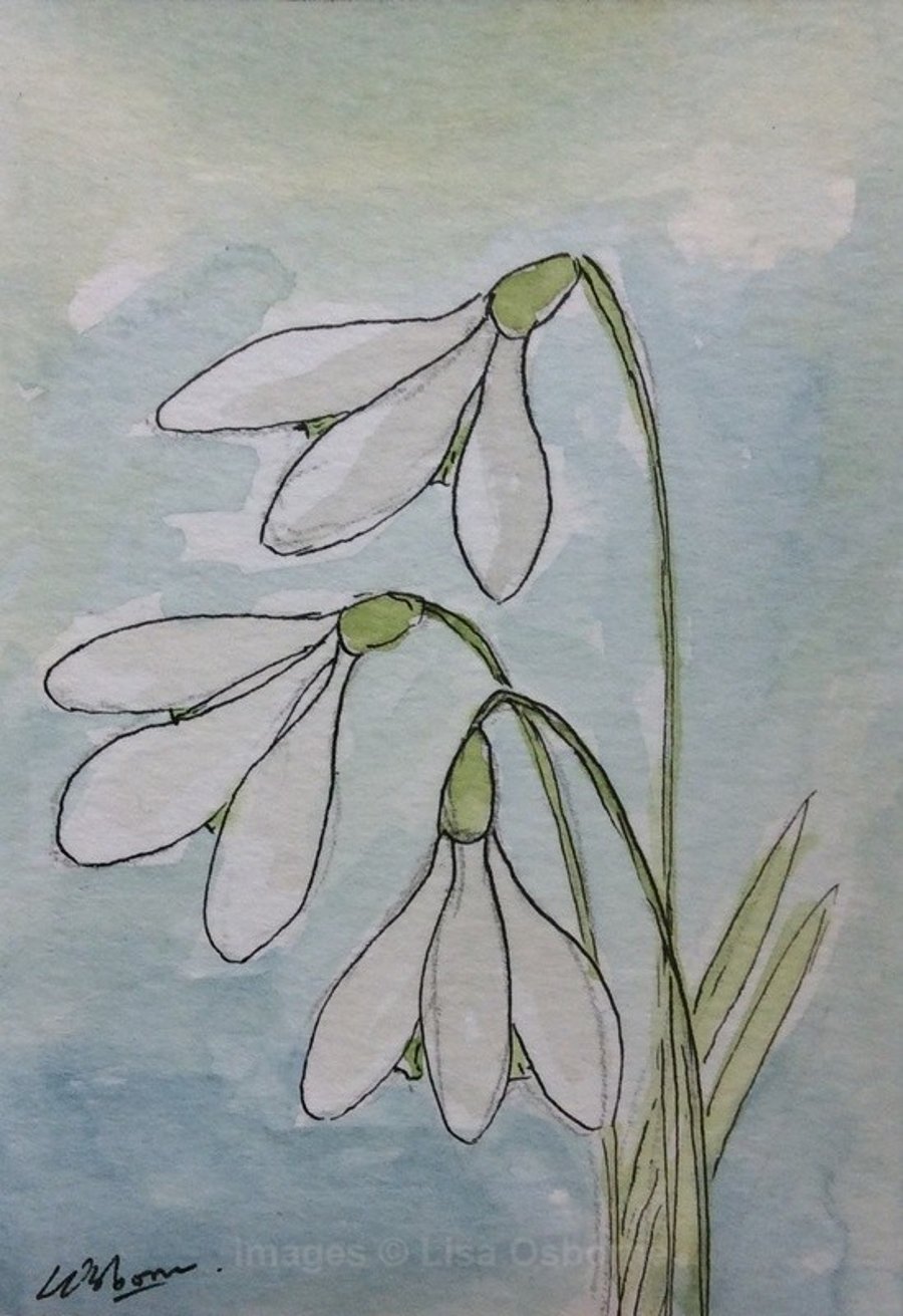 Snowdrops. Original watercolour, pen and ink. Minature. Flowers