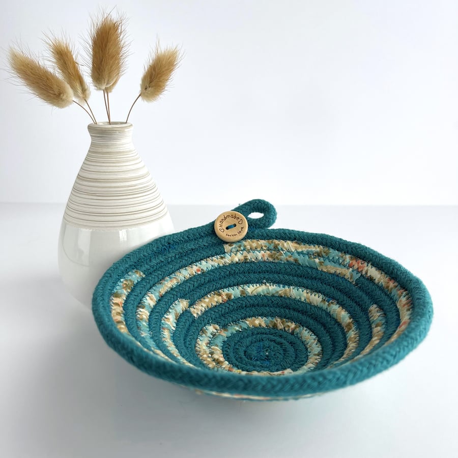 Small Teal Rope Bowl with Fabric Trim