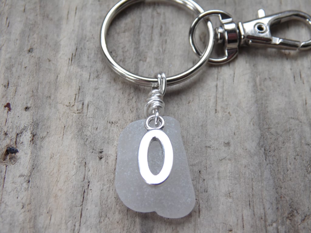 Initial 'O' White Cornish Sea Glass Bag Charm Keyring K591