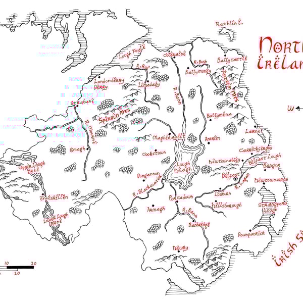 Map of Northern Ireland Hand Drawn Tolkien Style Map Artwork
