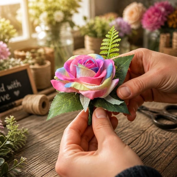 Pastel Rainbow Rose Buttonhole - LGBTQ Pride Wedding Accessory, Artificial