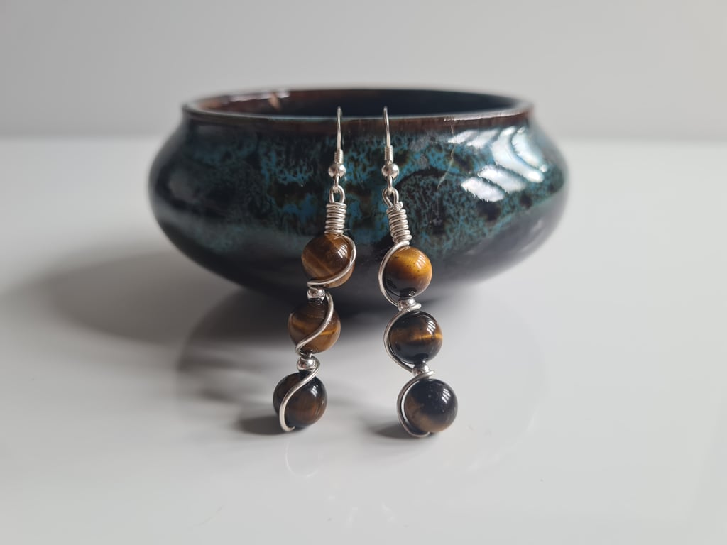 Handmade 925 Silver & Natural Tiger's Eye Drop Dangle Earrings Gift Boxed 