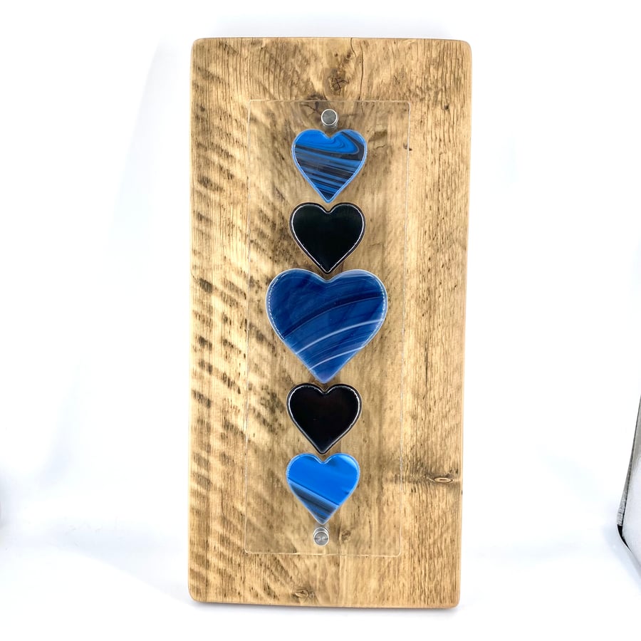 Fused Glass Heart Panel in Blues on Reclaimed Wood