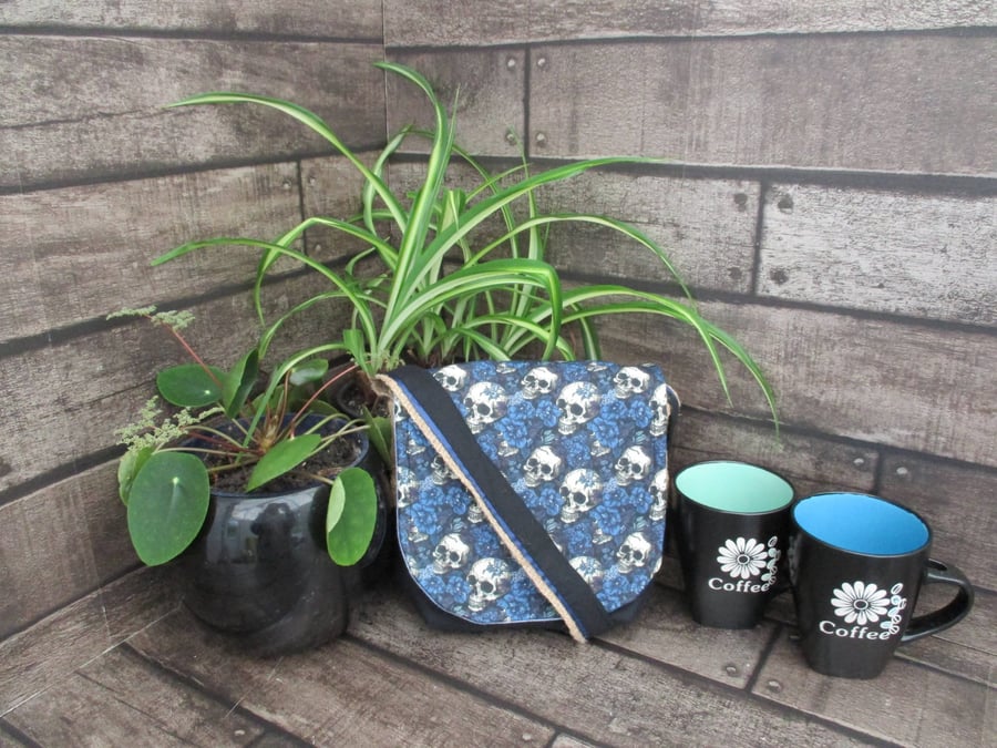 Upcycled Coffee Sack- Mini Shoulder Bag- Black and blue skull fabric