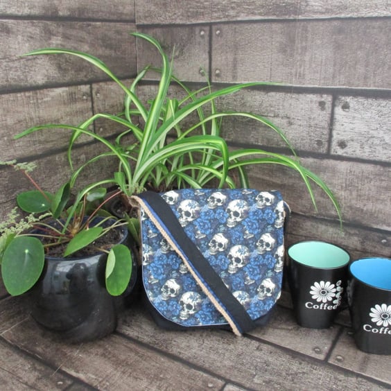 Upcycled Coffee Sack- Mini Shoulder Bag- Black and blue skull fabric