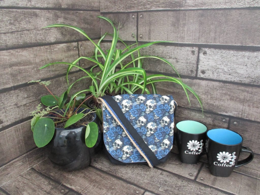 Upcycled Coffee Sack- Mini Shoulder Bag- Black and blue skull fabric