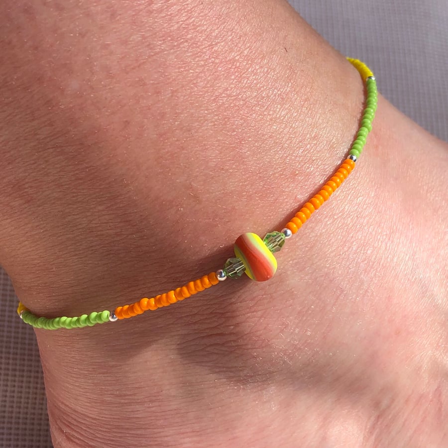 Lampwork glass and seed bead anklet. Sterling silver. Brightly coloured. 