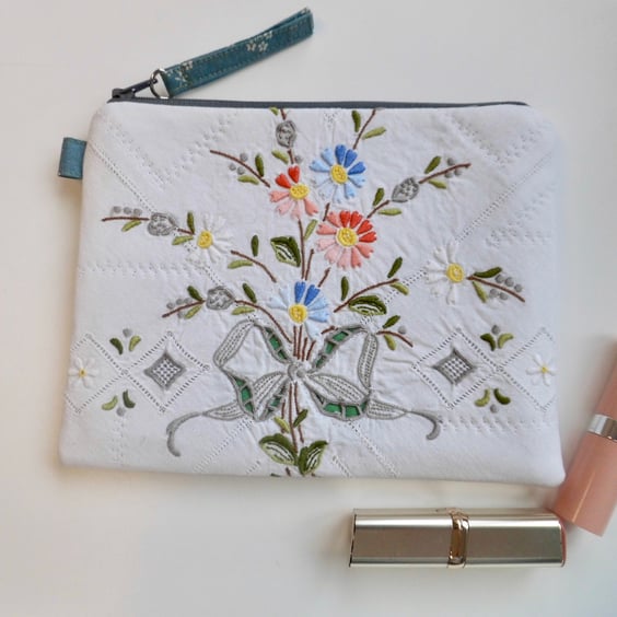 Large make up bag zipped in reclaimed embroidered cloth and Laura Ashley lining 