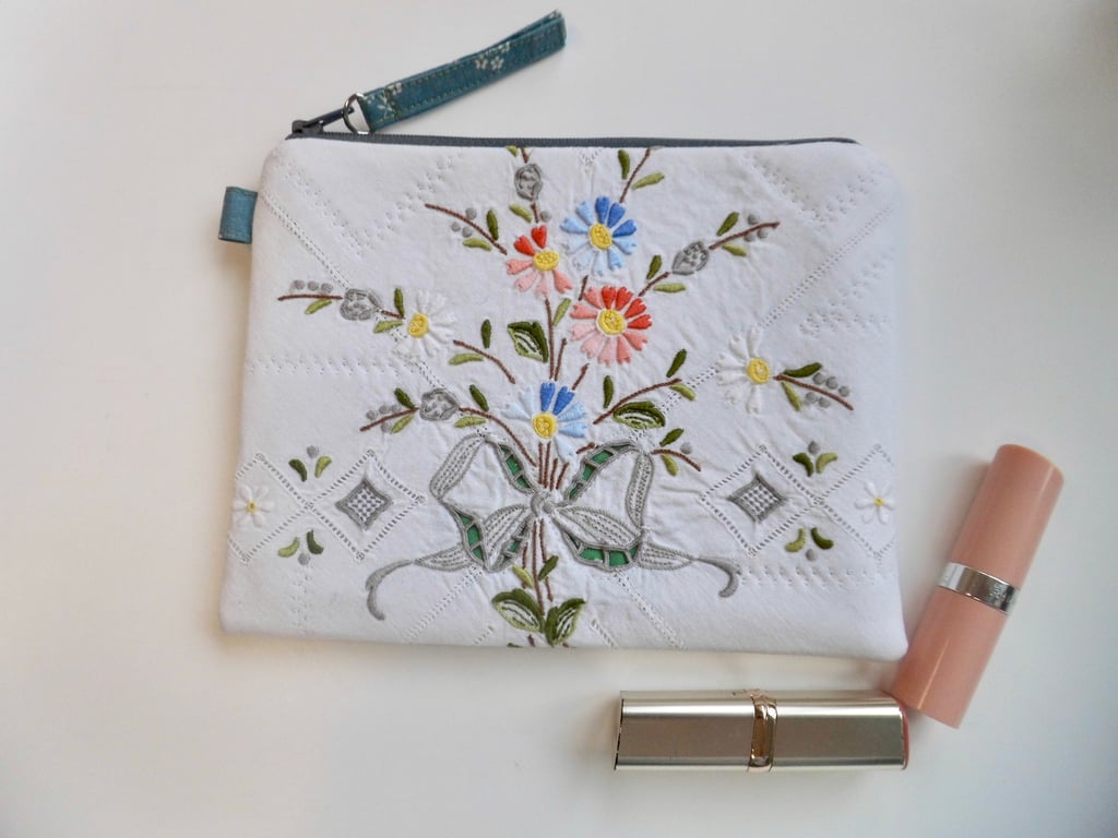 Large make up bag zipped in reclaimed embroidered cloth and Laura Ashley lining 