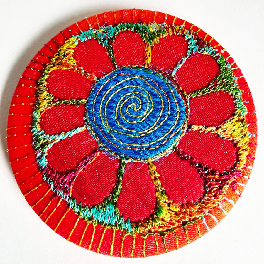 58mm Fabric Badge with Free Machine Embroidery Red and Blue Flower 