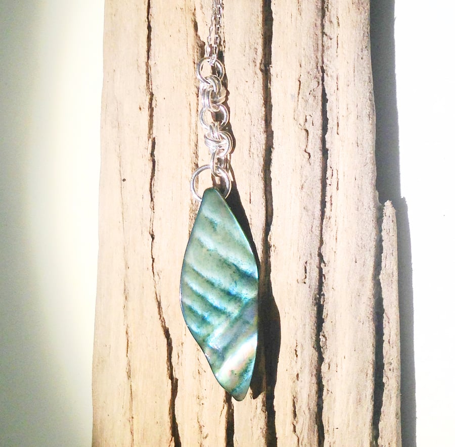 Turquoise Shell Leaf and Sterling Silver Pendant - UK Free Post