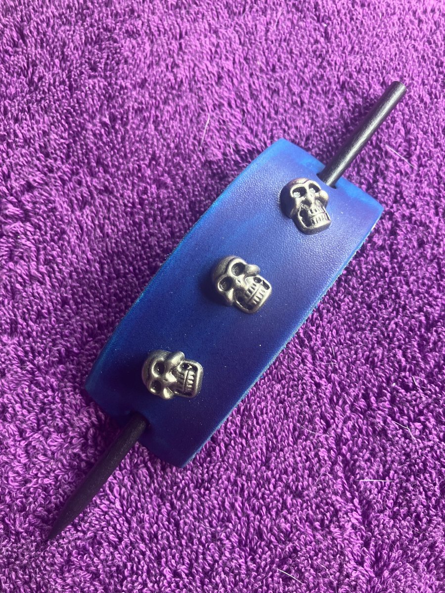 Dyed Blue Leather Hair Stick Barrette with 3 Skull Heads - FREE SHIPPING