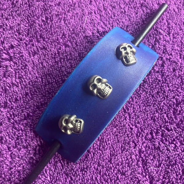 Dyed Blue Leather Hair Stick Barrette with 3 Skull Heads - FREE SHIPPING