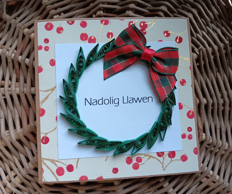 Small Quilled Wreath Christmas Card in Welsh Nadolig Llawen 4" x 4"
