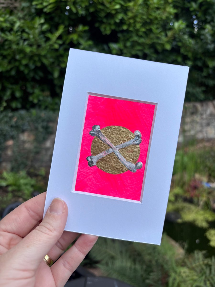 Image of Original ACEO graphic crossbones oddity neon pink Painting - One of a Kind 