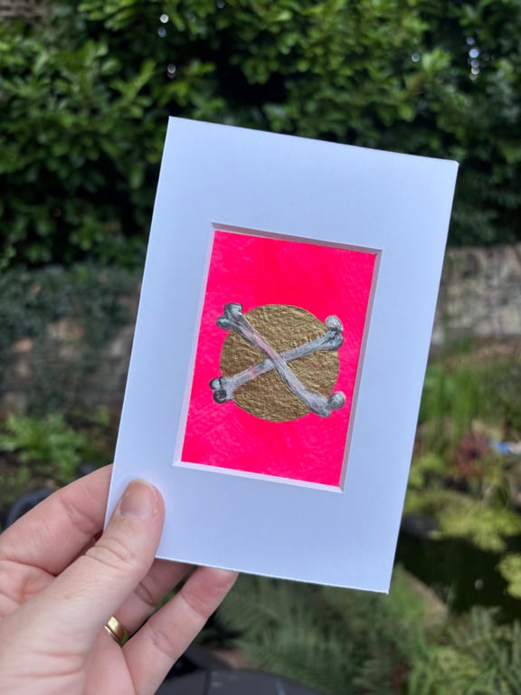 Original ACEO graphic crossbones oddity neon pink Painting - One of a Kind 