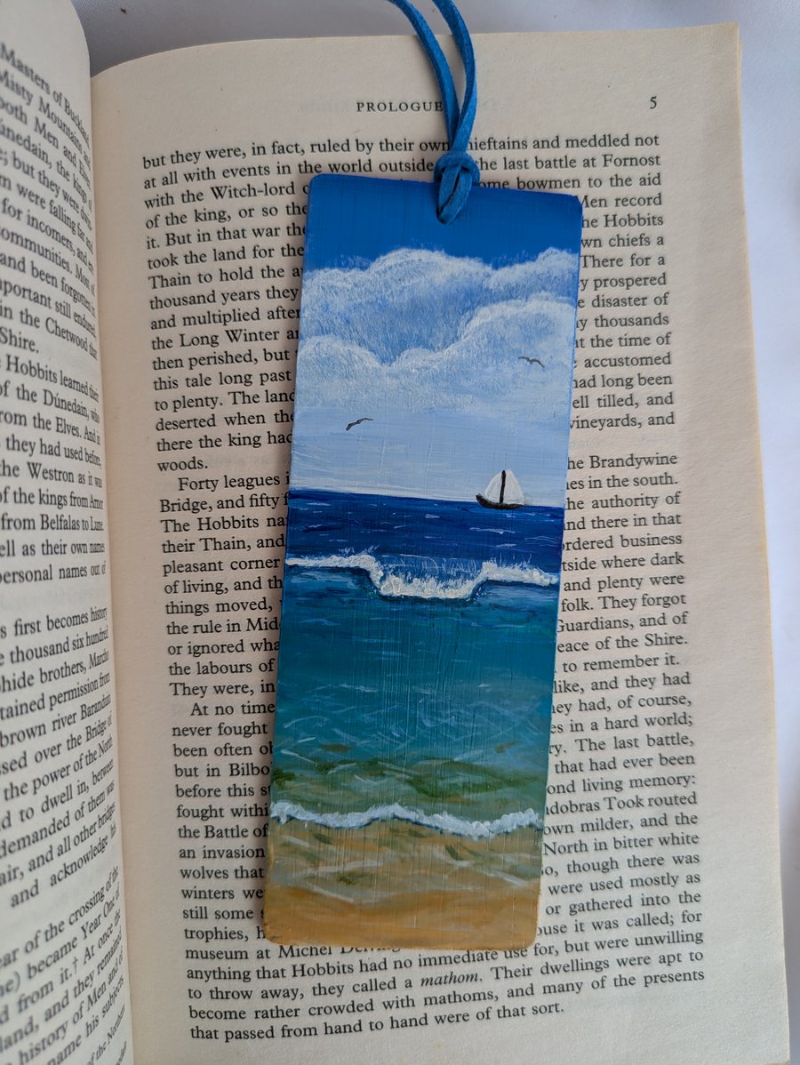 Hand Painted Bamboo Wood Bookmark, Sea View & Boat