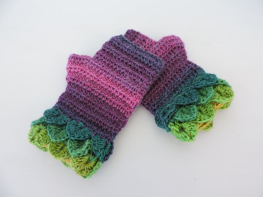 Fingerless Crochet Mitts with Dragon Scale Cuffs Green Magenta and Pink
