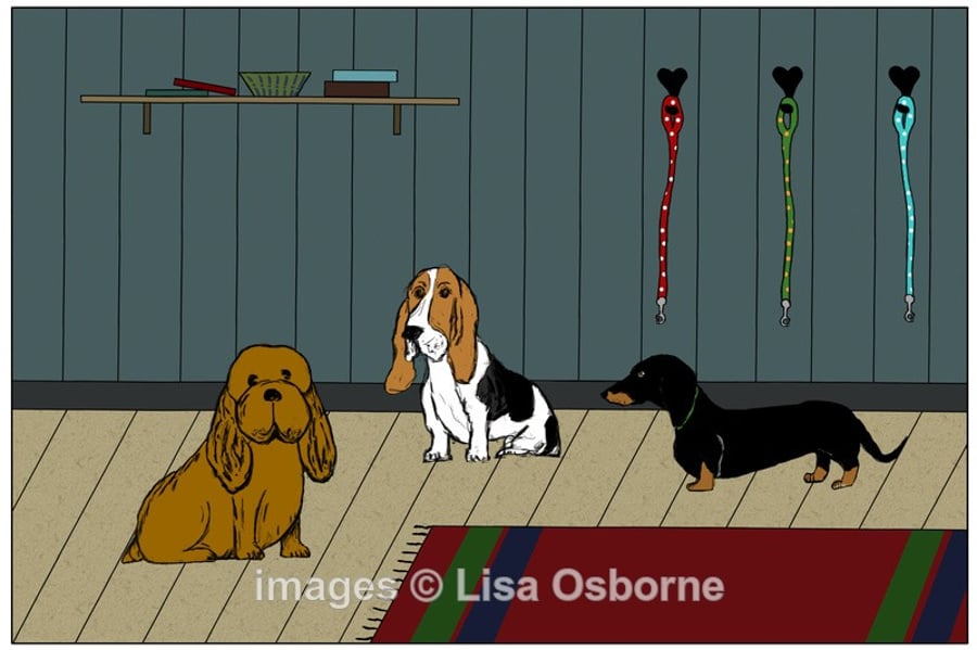 Waiting for walkies. Signed print. Digital illustration. Dogs. Pets