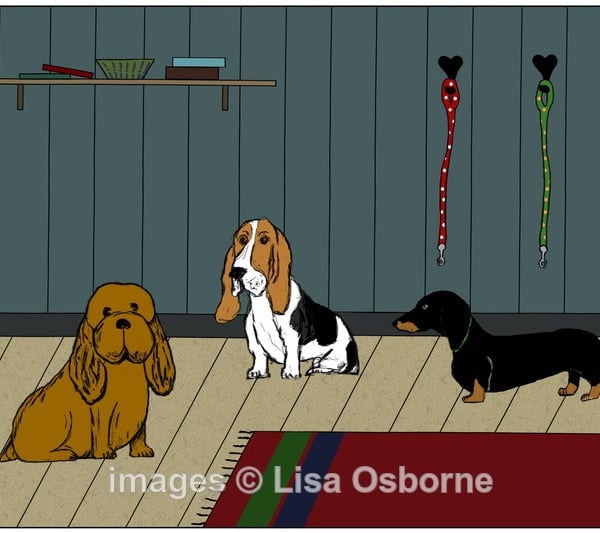 Waiting for walkies. Signed print. Digital illustration. Dogs. Pets
