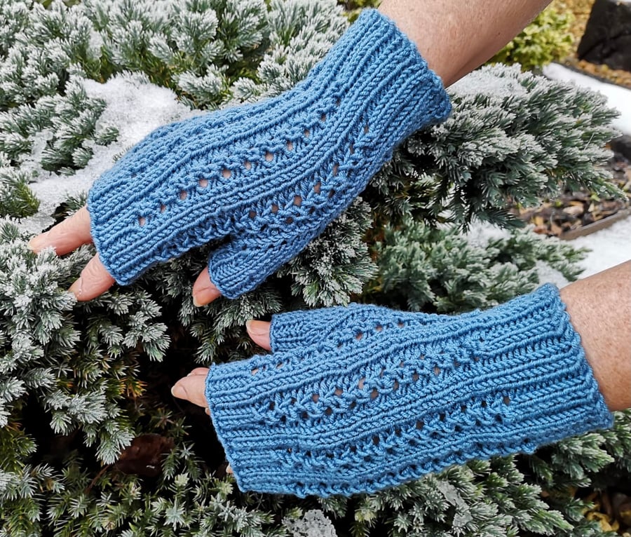 Blue Merino Fingerless Mittens, Fingerless Gloves