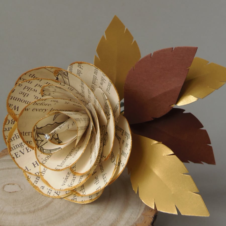 Roald Dahl Book Page Rose Single Stem Gold and Hazelnut Room Decor or Gift