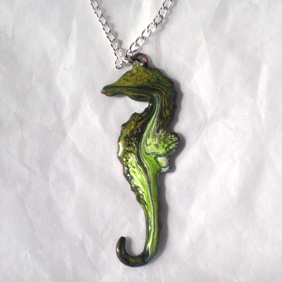 seahorse pendant - scrolled white with dark green and light green enamel