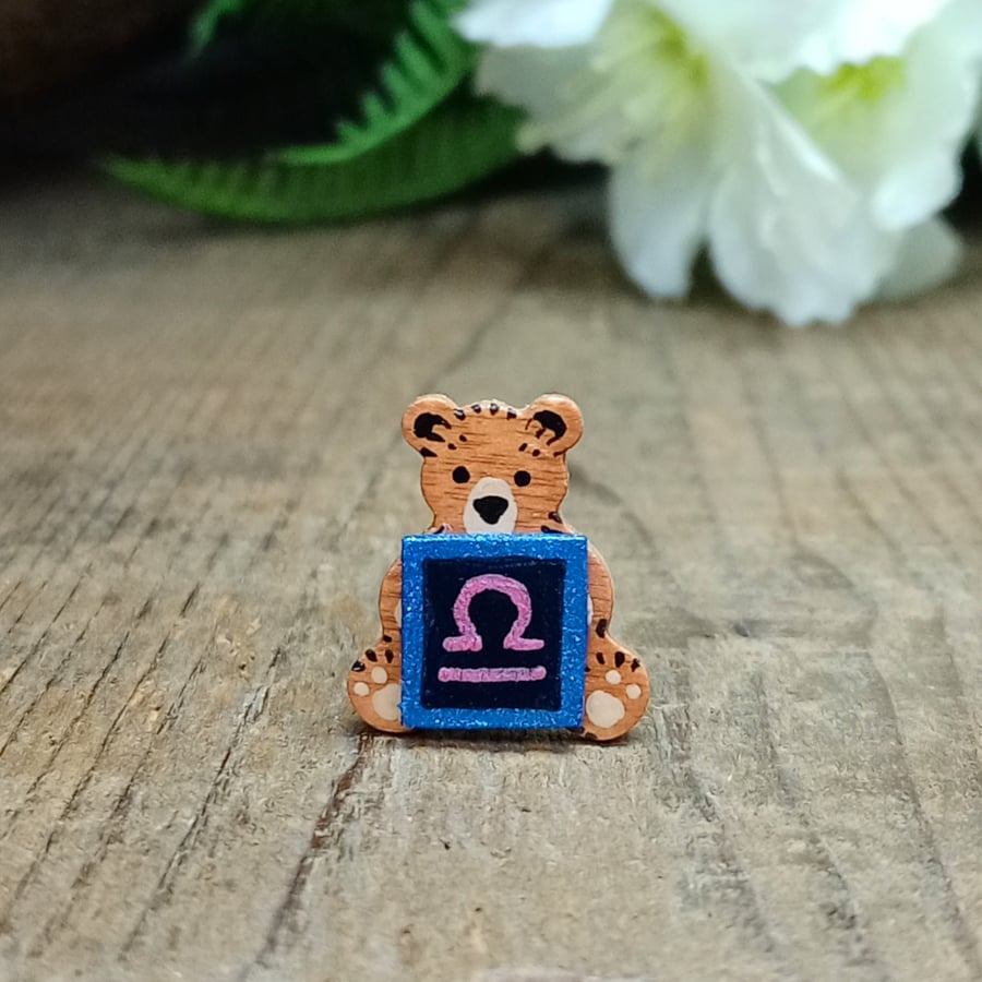 Libra Bear Pin, Handmade Tiny Star Sign Wooden Teddy Badge