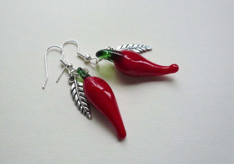 Red Glass Chilli Pepper and Silver Leaf Dangle Earrings   KCJ1816