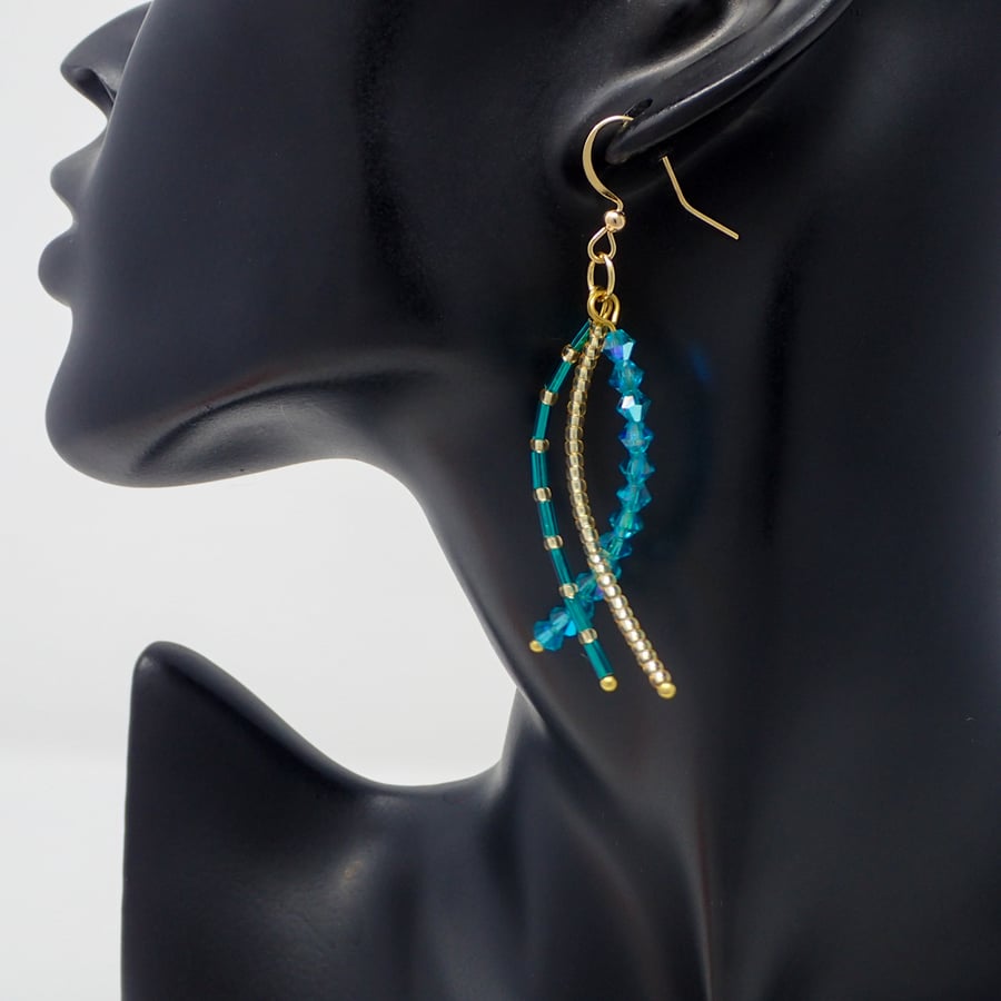 Sparkly Gold and Teal Beaded Dangle Earrings 