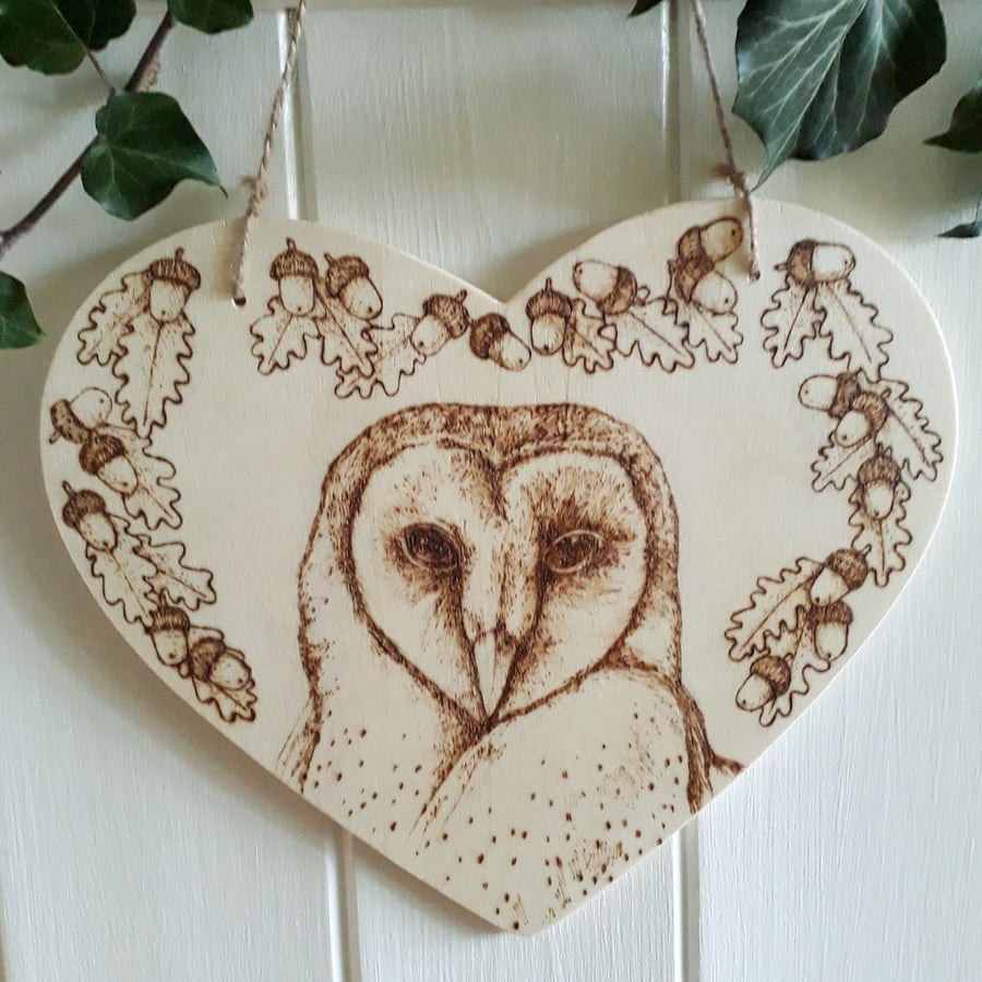 Barn owl pyrography wooden heart hanging decoration