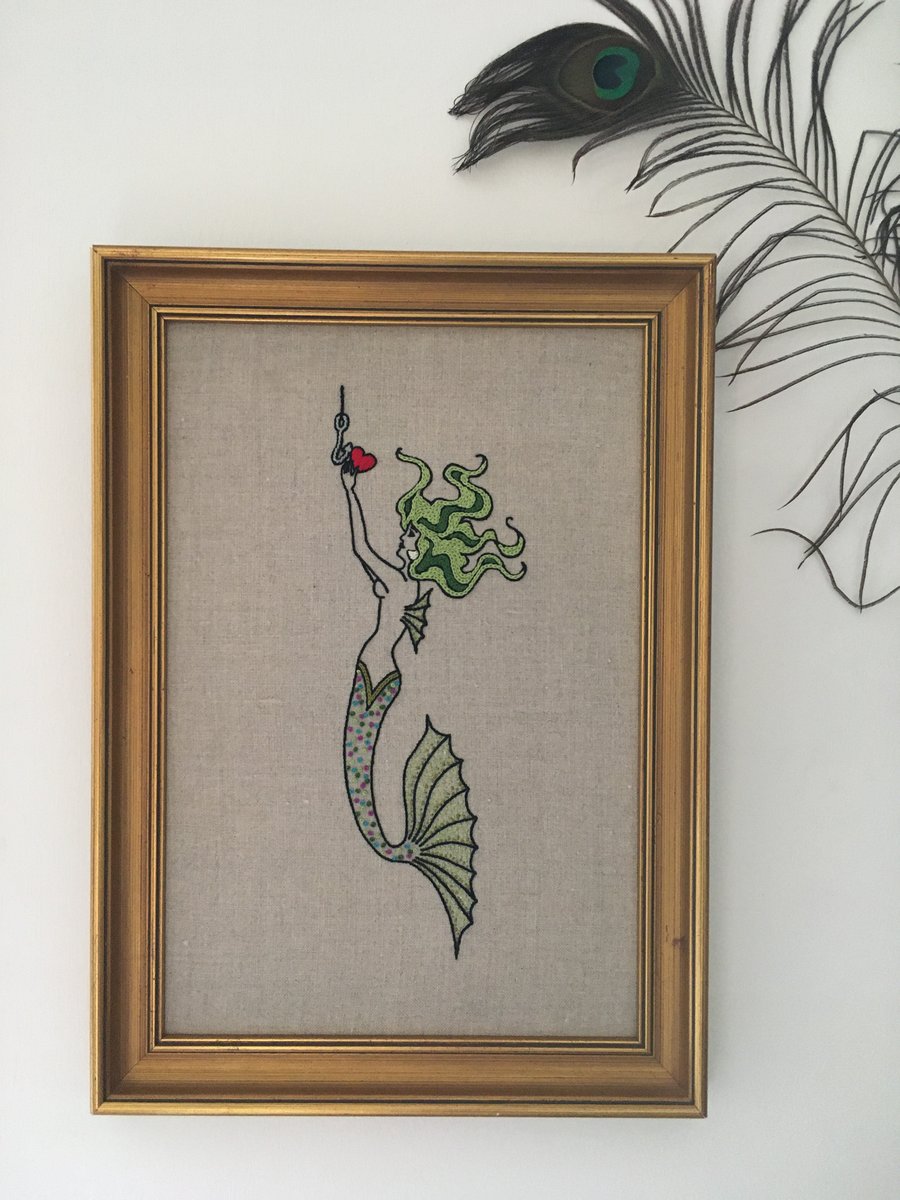 Hand Embroidered Mermaid (Tattoo Art Style) on Raw Linen in Vintage Frame 