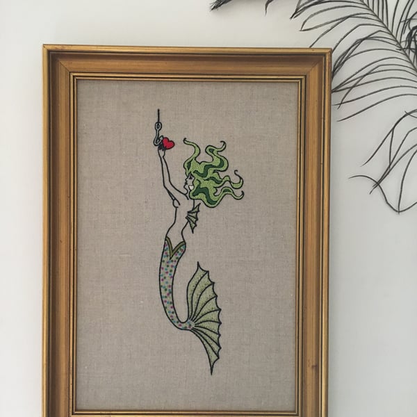 Hand Embroidered Mermaid (Tattoo Art Style) on Raw Linen in Vintage Frame 