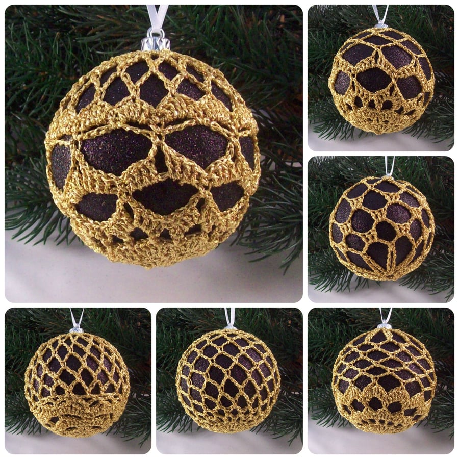 Christmas baubles boxed set of 6 large decorated with crochet lace (A13)