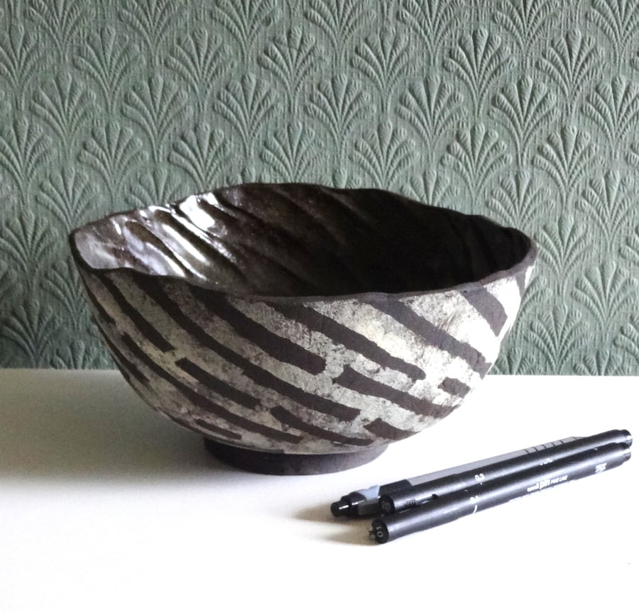 Handmade ceramic bowl, swirl textured satin glaze inside. Fruit bowl, dish.
