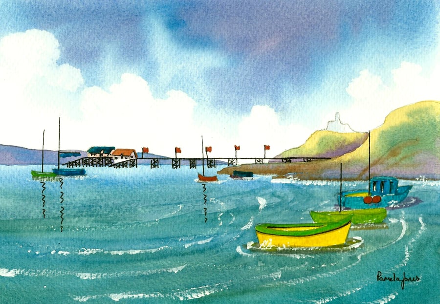 The Yellow Boat, Mumbles, South Wales, Original watercolour, in 14 x 11 '' Mount
