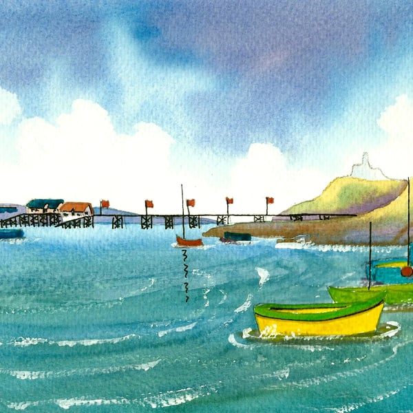The Yellow Boat, Mumbles, South Wales, Original watercolour, in 14 x 11 '' Mount