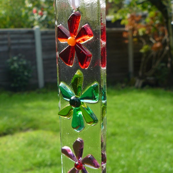 Fused Glass Red, Green & Purple Flower Suncatcher