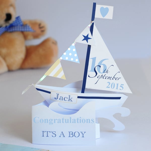 A Unique 3.D Personalised Sailing Boat Card for a Newborn Baby Boy .
