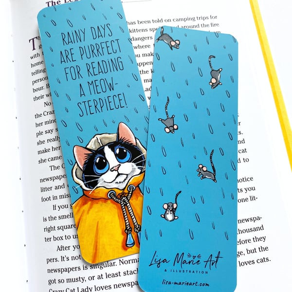 Tuxedo Cat in a Yellow Raincoat Bookmark, 52mm x 148mm