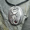  Garnet Dragon Pendant Necklace in Silver Pewter