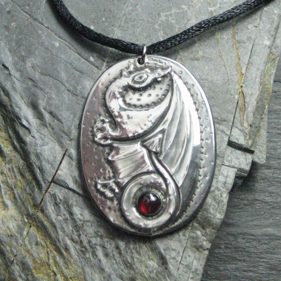 Garnet Dragon Pendant Necklace in Silver Pewter
