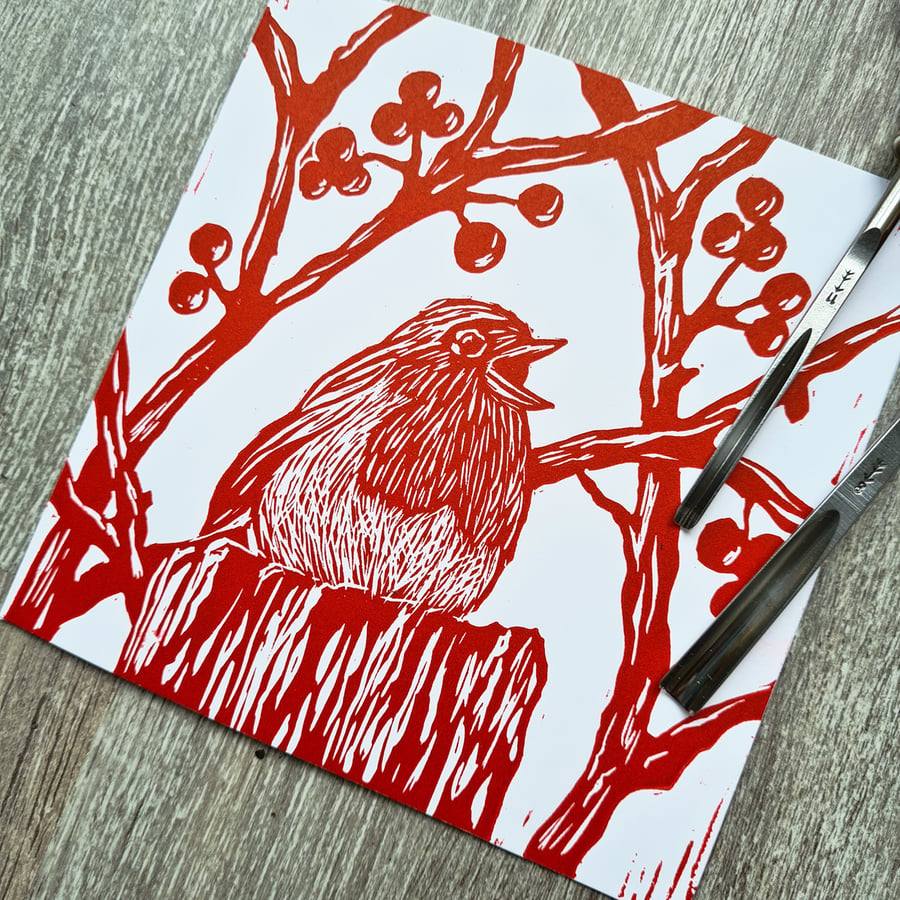 Hand printed linoprint robin christmas card