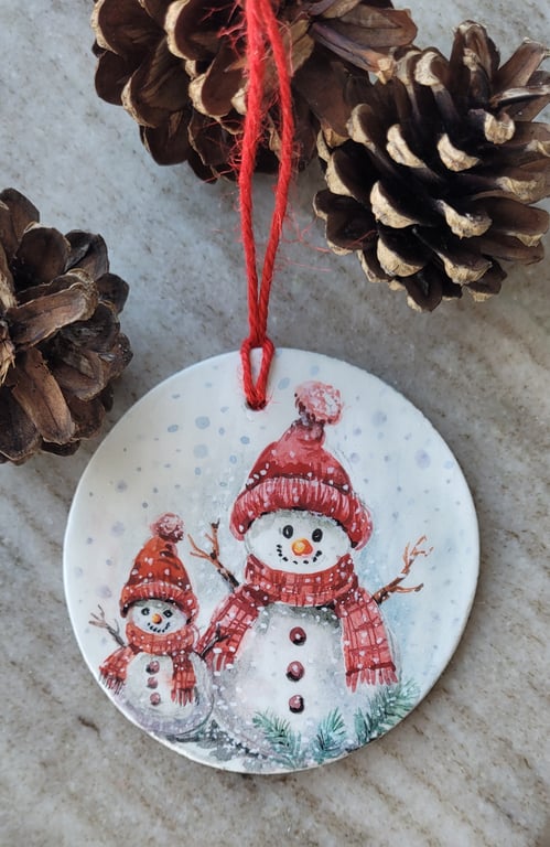 hand painted christmas ornament, clay decoration, snowman , snow scene, original