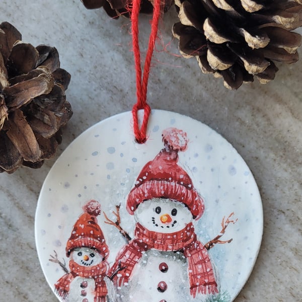 hand painted christmas ornament, clay decoration, snowman , snow scene, original
