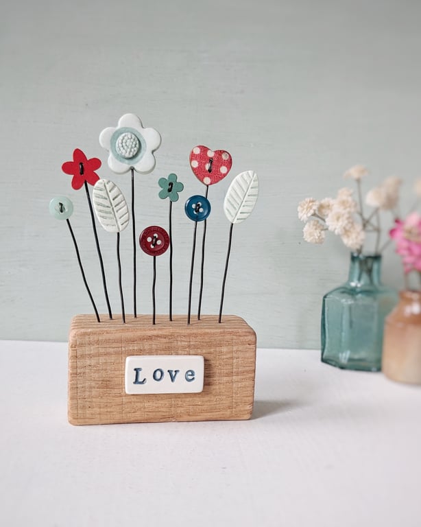 Clay and Button Flower Garden in a Wood Block 'Love'