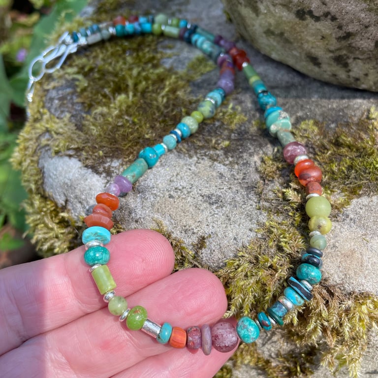 Silver and gemstone bead necklace bright summer accessory 