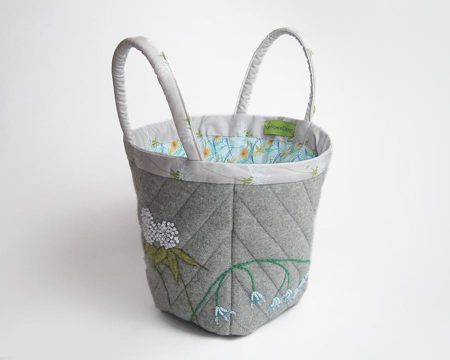 Grey wool project bag with clover and bluebell embroidery