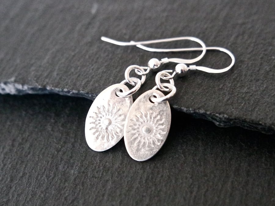 Oval silver earrings with sun pure silver clay sterling silver