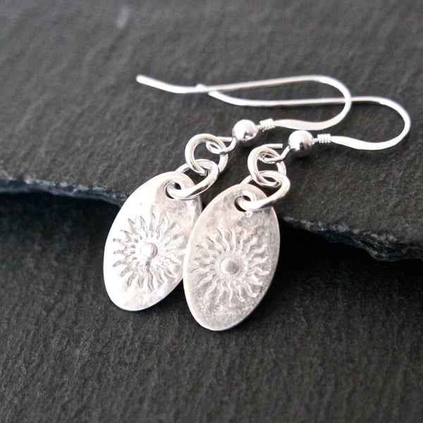 Oval silver earrings with sun pure silver clay sterling silver